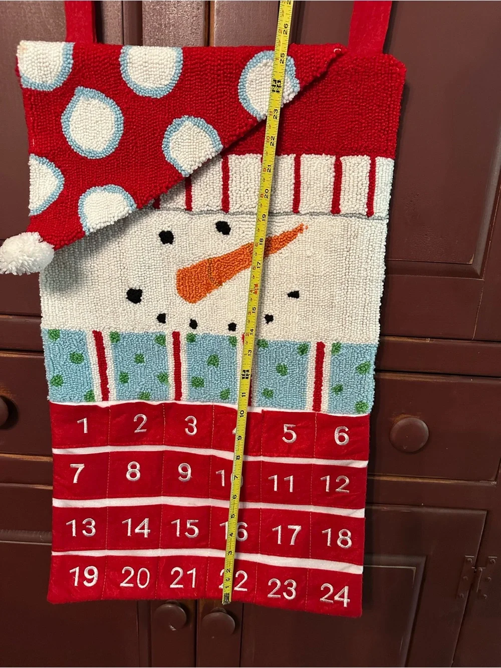 Textured Hooked Fabric Red Snowman Advent Calendar Wall Hanging